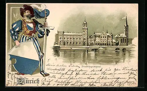 Präge-AK Zürich, Stadthausquai, Wächter mit Schwert und Wappen