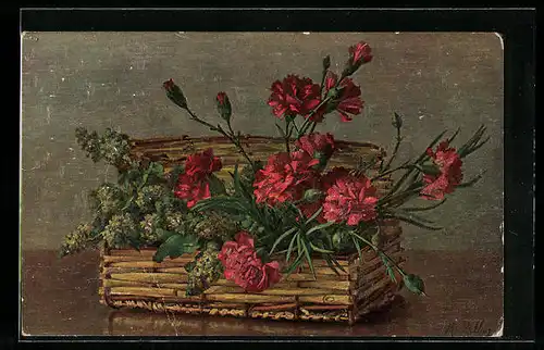 Künstler-AK M. Billing: Korb mit blühenden Nelken