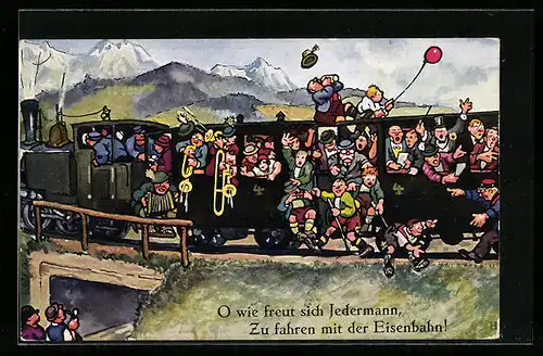 Künstler-AK Hans Boettcher: Fröhliche Menschen winken aus einem Zug