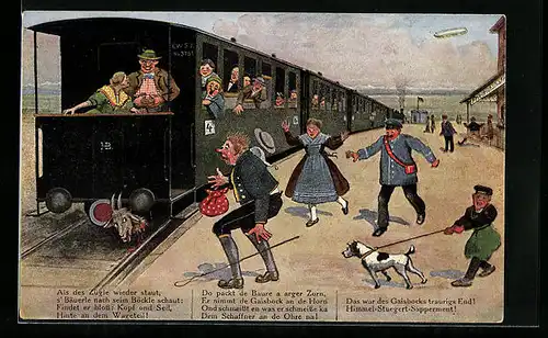 Künstler-AK Hans Boettcher: Schwäbische Eisenbahn, abgerissener Kopf des Ziegenbocks am Zug, Zeppelin