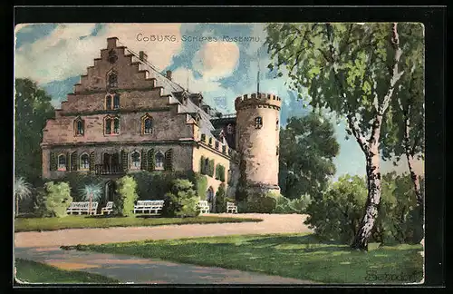Künstler-AK H.Bahndorf: Coburg, Schloss Rosenau, Ansicht vom Garten her