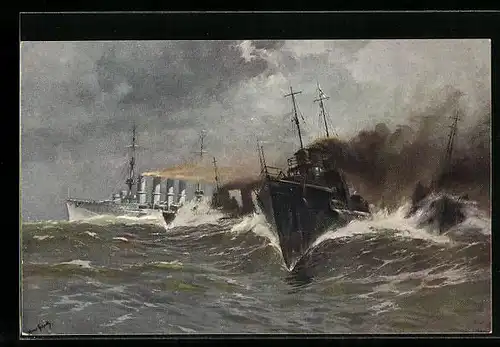 Künstler-AK Hans Bohrdt: S. M. Torpedokreuzer Breslau und Hochseetorpedoboots-Flotille