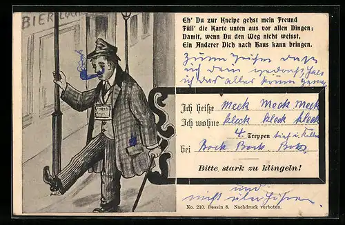 Künstler-AK Betrunkener hält sich an Laterne fest, Karte mit Adresse