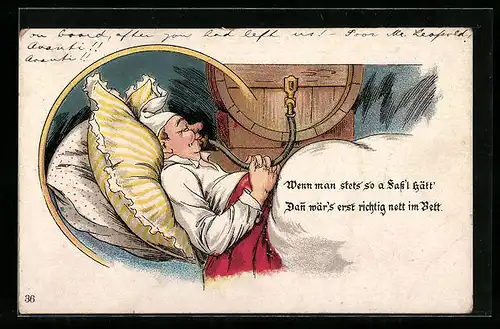 Künstler-AK Trinker im Bett mit Weinfass