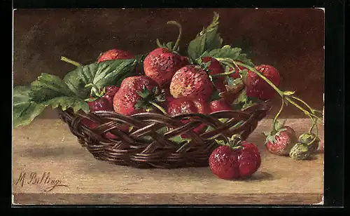 Künstler-AK M. Billing: Korb mit Erdbeeren