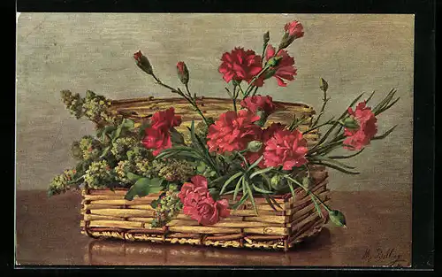 Künstler-AK M. Billing: Korb mit blühenden Nelken