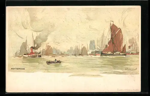 Künstler-AK Henri Cassiers: Rotterdam, Hafenpartie mit Segel- und Dampfbooten
