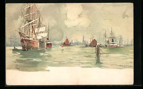 Künstler-AK Henri Cassiers: Rotterdam, Schiffe in der Hafeneinfahrt