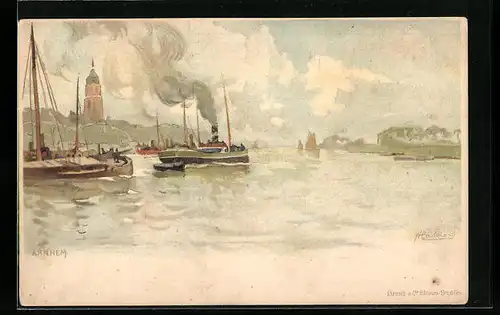 Künstler-Lithographie Henri Cassiers: Arnhem, Hafenpartie mit Dampf- und Segelbooten