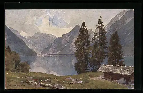 Künstler-AK Edward Harrison Compton: Hütte am Königssee-Kessel mit Bergen