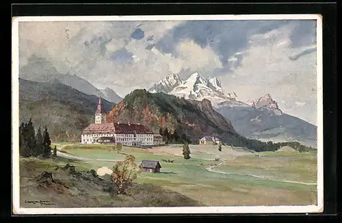 Künstler-AK Edward Harrison Compton: Klais, Schloss Elmau gegen die Zugspitze