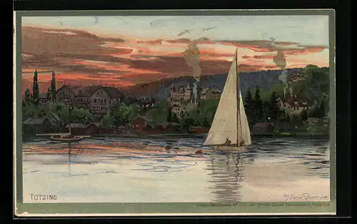 Künstler-AK Zeno Diemer: Tutzing, Uferpartie mit Segelboot bei Sonnenuntergang