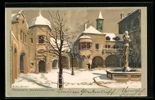 Künstler-AK Zeno Diemer: München, Gasthaus Hofbräuhaus, Hof im Schnee