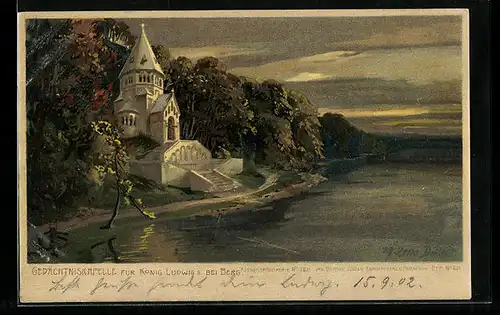Künstler-Lithographie Zeno Diemer: Berg, Gedächtniskapelle für König Ludwig II., Starnberger See
