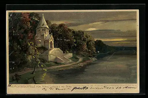 Künstler-Lithographie Zeno Diemer: Berg, Gedächtniskapelle für König Ludwig II., Starnberger See