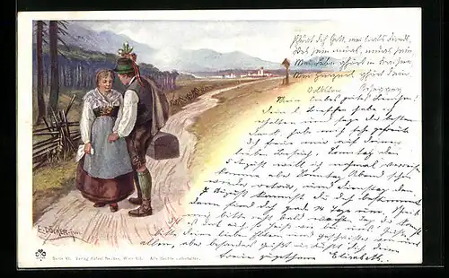 Künstler-AK E. Döcker: Paar in Tracht vorm Ort