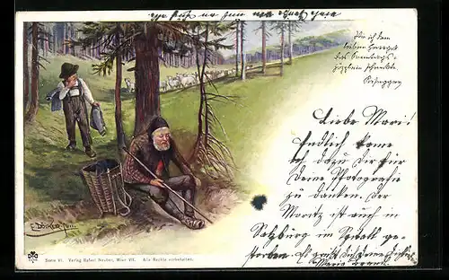 Künstler-AK E. Döcker: Schäfer mit Sohn und Schafherde am Waldrand