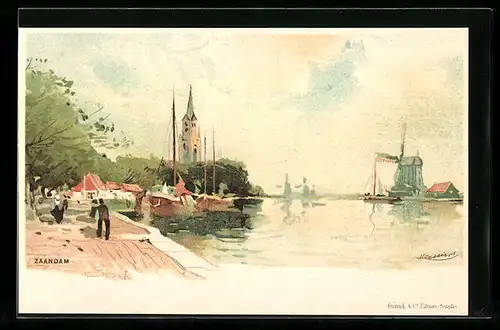 Künstler-Lithographie Henri Cassiers: Zaandam, Motiv mit Windmühle