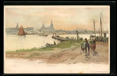 Künstler-Lithographie Henri Cassiers: Nijmegue, Panorama mit Brücke