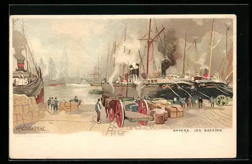 Künstler-AK Henri Cassiers: Anvers, Les Bassins, Dampfer im Hafen