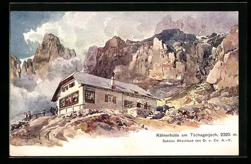 Künstler-AK Edward Theodore Compton: Tschagerjoch, Kölnerhütte vor Bergpanorama