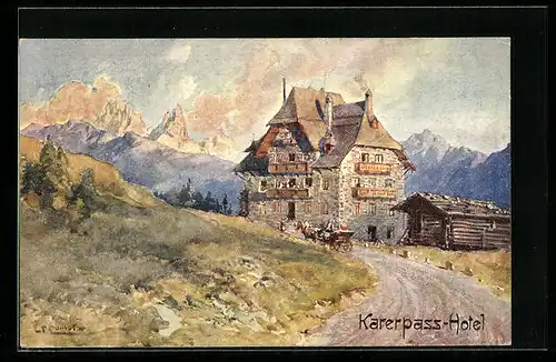 Künstler-AK Edward Theodore Compton: Karerpass, Karerpass-Hotel mit Kutsche