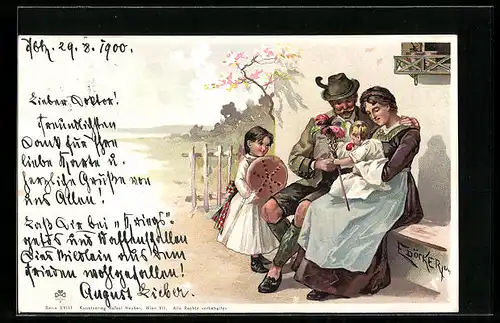 Künstler-AK E. Döcker: Familie vor dem Haus mit Osterbrot, Ostergruss