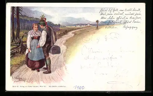 Künstler-AK E. Döcker: Frau im Dirndl und Bursche mit Truhe auf einer Landstrasse
