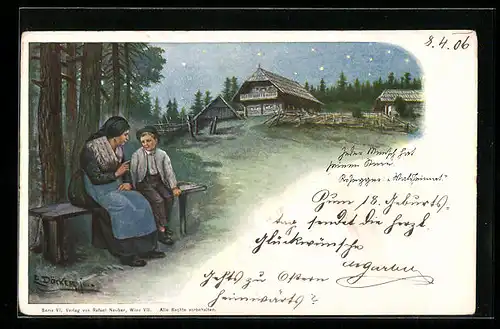 Künstler-AK E. Döcker: Frau und Knabe auf einer Bank am Abend