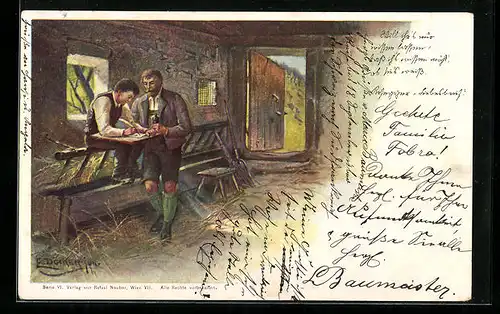 Künstler-AK E. Döcker: Ein Bauer lässt einen Brief schreiben