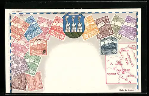 AK San Marino, Briefmarken, Karte und Wappen
