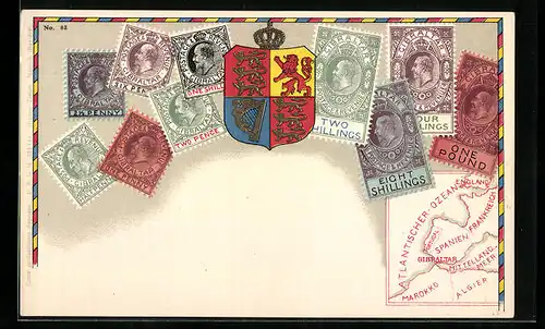 AK Briefmarken, Karte und Wappen von Gibraltar, Krone