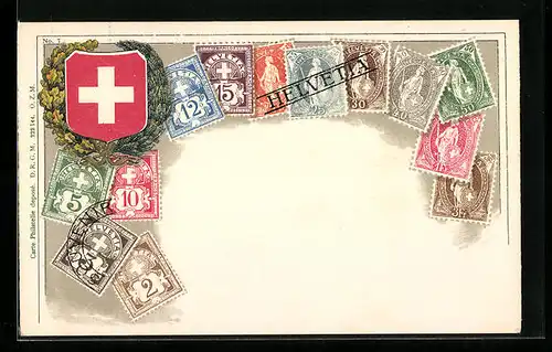 Präge-AK Briefmarken und Wappen der Schweiz, Ehrenkranz