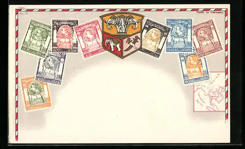 AK Briefmarken, Karte und Wappen von Siam