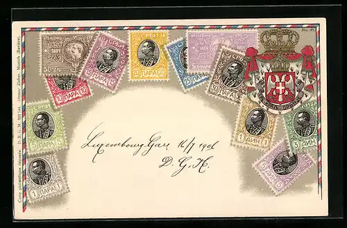 Präge-AK Briefmarken und Wappen von Serbien, Krone
