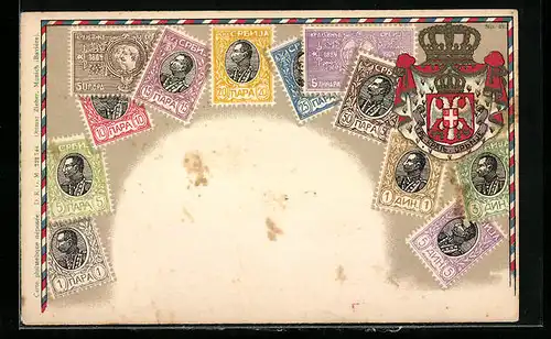 AK Serbien, Briefmarken und Wappen, Krone