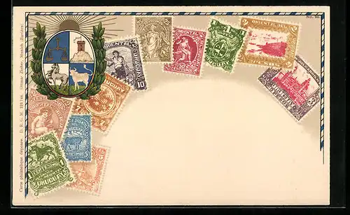 AK Briefmarken und Wappen von Uruguay, Goldene Sonne