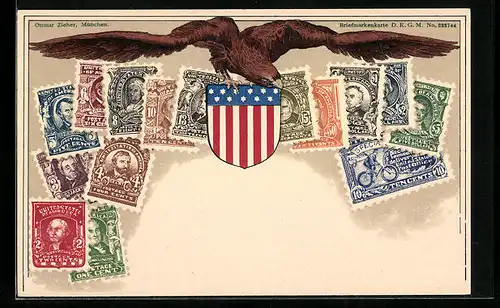 AK Briefmarken und Wappen der USA, Adler