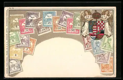 Präge-AK Briefmarken und Wappen Ungarns, Engel mit Krone