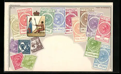 AK Briefmarken und Wappen von Süd-Australien, Krone