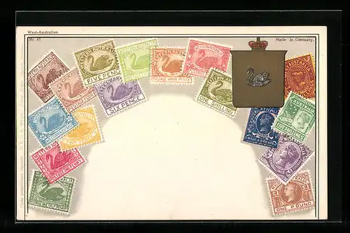 AK Briefmarken und Wappen von West-Australien, rückseitig Stempel und Briefmarken der Postwertzeichen-Ausstellung 1923