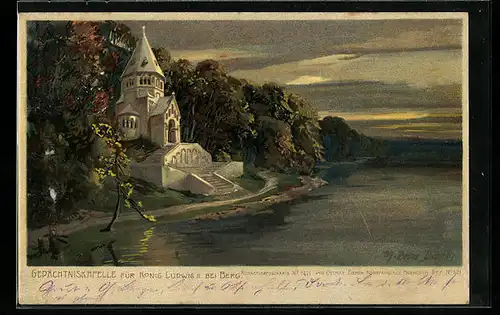 Künstler-AK Zeno Diemer: Berg, Gedächtniskapelle für König Ludwig II. an einem Herbstabend