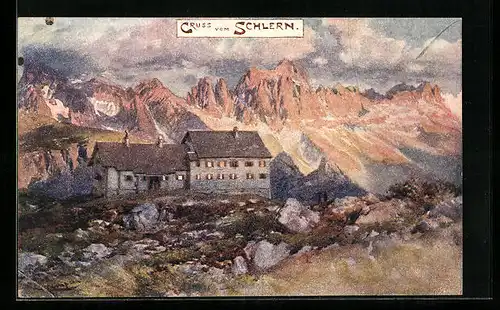 Künstler-AK Edward Theodore Compton: Schlern, Berghaus vor Bergpanorama