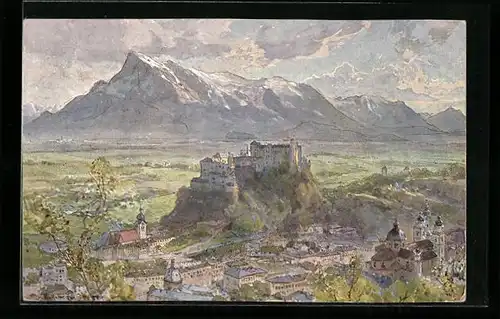 Künstler-AK Edward Harrison Compton: Salzburg, Ortsansicht mit Burg und Untersberg