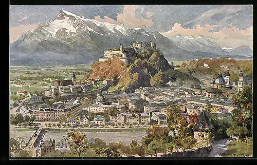 Künstler-AK Edward Harrison Compton: Salzburg, Ortsansicht gegen den Untersberg