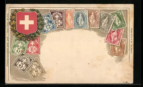 Präge-AK Briefmarken der Schweiz, Wappen, Ehrenkranz