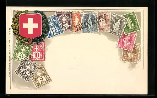 AK Briefmarken der Schweiz, Wappen und Ehrenkranz