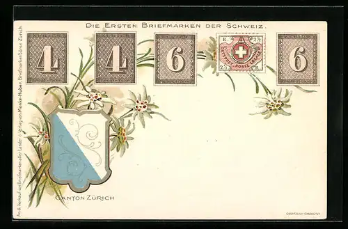 Lithographie Die ersten Briefmarken der Schweiz, Marken und Kantonswappen Zürich