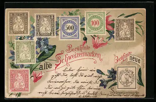 Lithographie Berühmte alte Schweizermarken und eine neue, Blumen