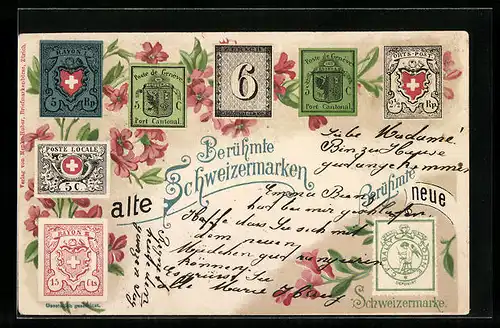 Lithographie Berühmte alte Schweizermarken und eine neue Schweizermarke, Lokale Briefmarken, Blumen